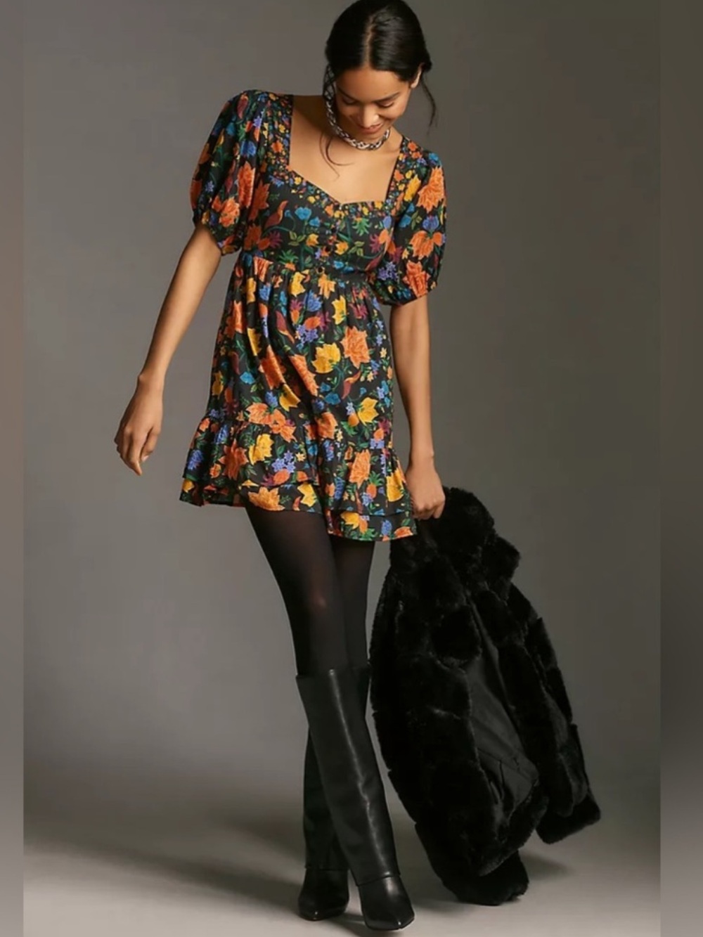 Small Farm Rio x Anthropologie Short Sleeve Sweetheart Floral Mini Dress